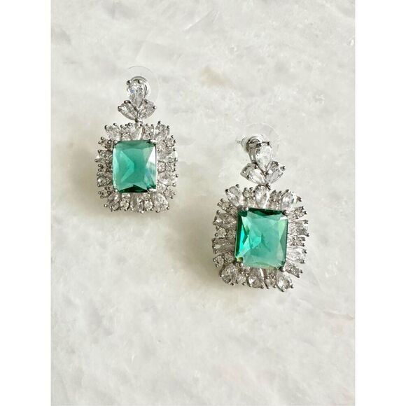 Cubic zirconia and aqua blue cushion cut dangle earrings - Picture 2 of 2